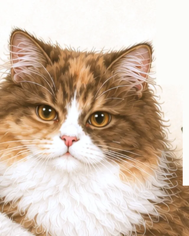 Portrait illustré de Breitling, chatte British Longhair au poil long brun, roux et blanc, aux yeux dorés