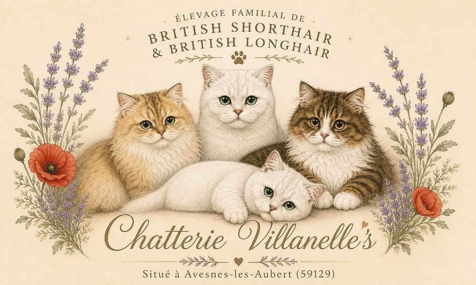 Illustration de la chatterie : quatre chats British Shorthair et Longhair entourés de lavande et de coquelicots
